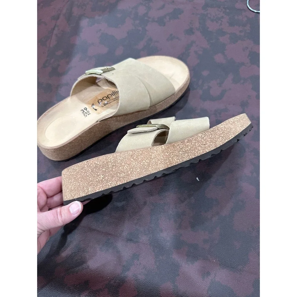 Papillio by Birkenstock Tan Nubuck Platform Slide Sandals Gold Buckle Size 39